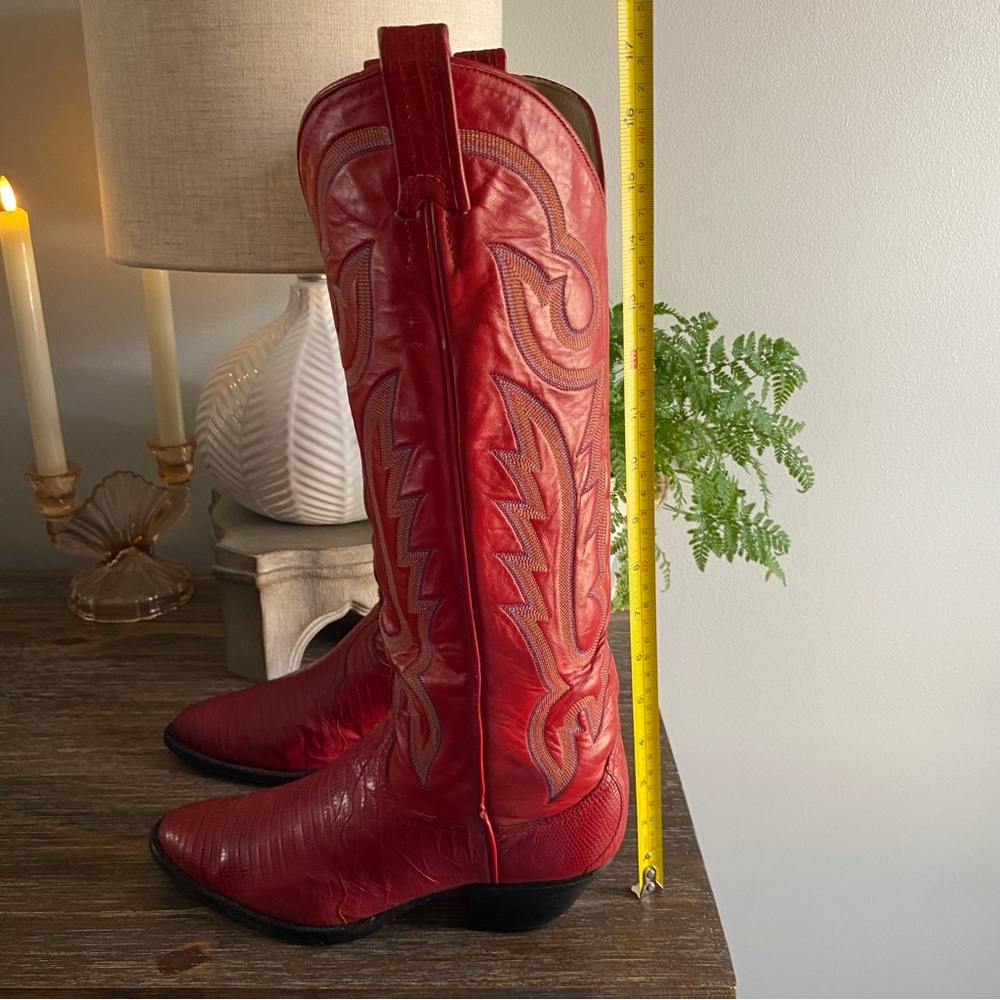 Vtg LARRY MAHAN Exotic Lizard Leather Tall Western Cowboy Boots Womens 8B Red - Picture 11 of 16